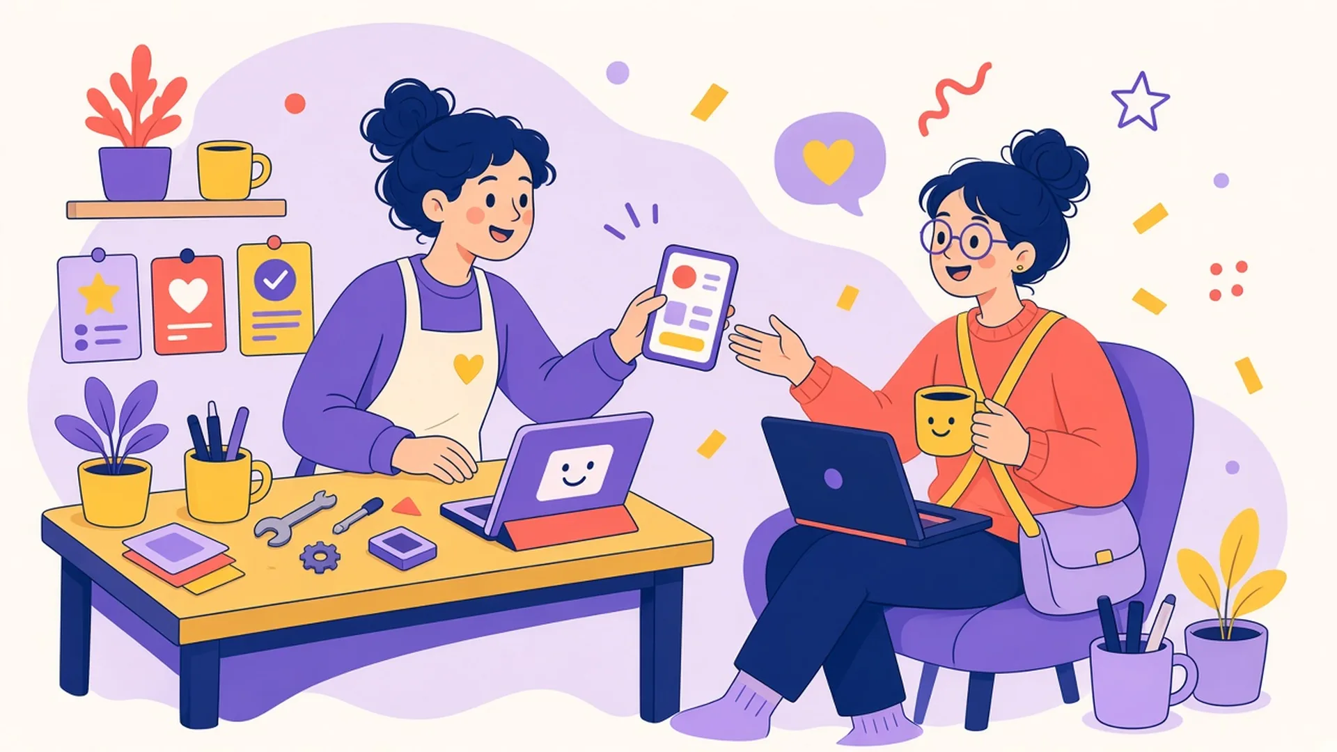 A maker at a workbench hands a tool card to a busy person with a laptop and a coffee.
