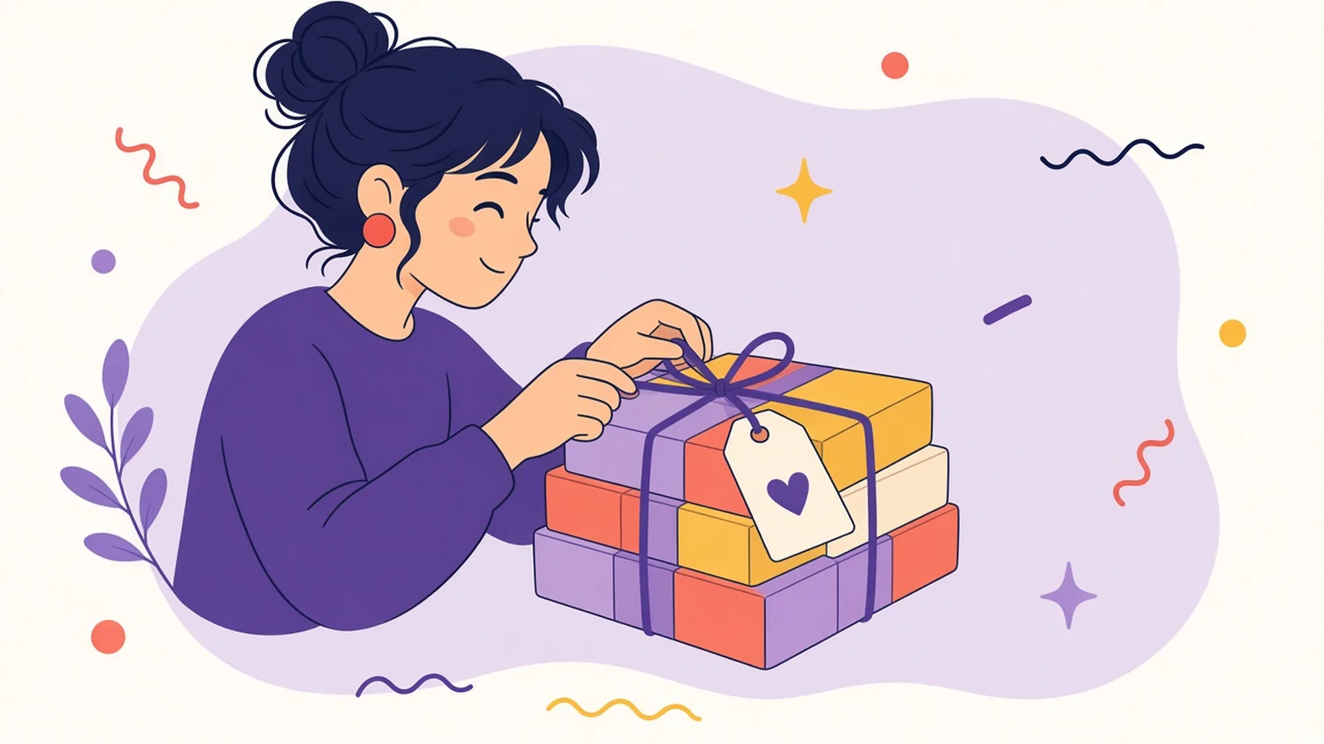 A smiling person ties a heart tag onto a stack of wrapped boxes.