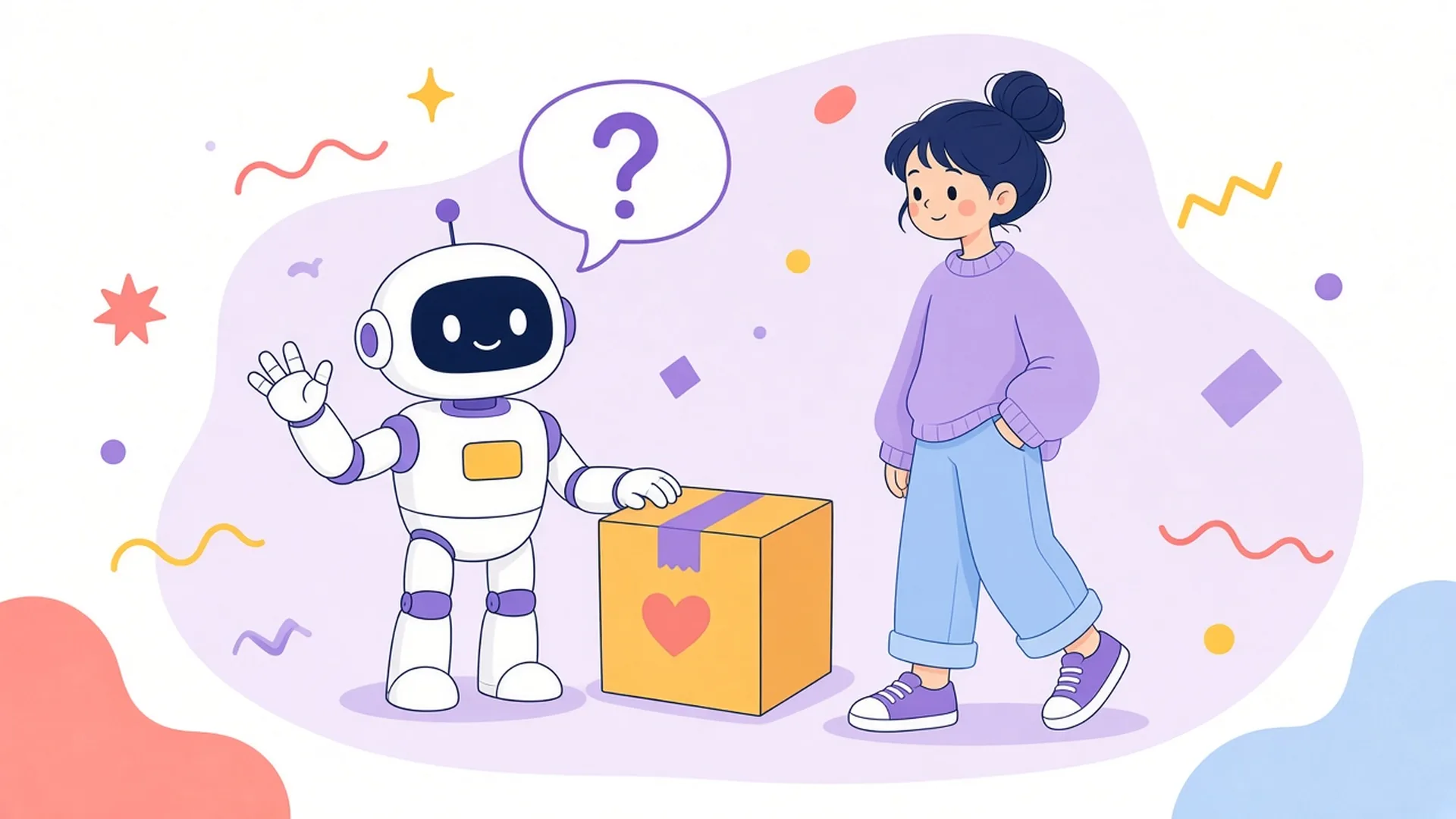 A robot with a question mark in a speech bubble pauses beside a box and checks with a person before going on.