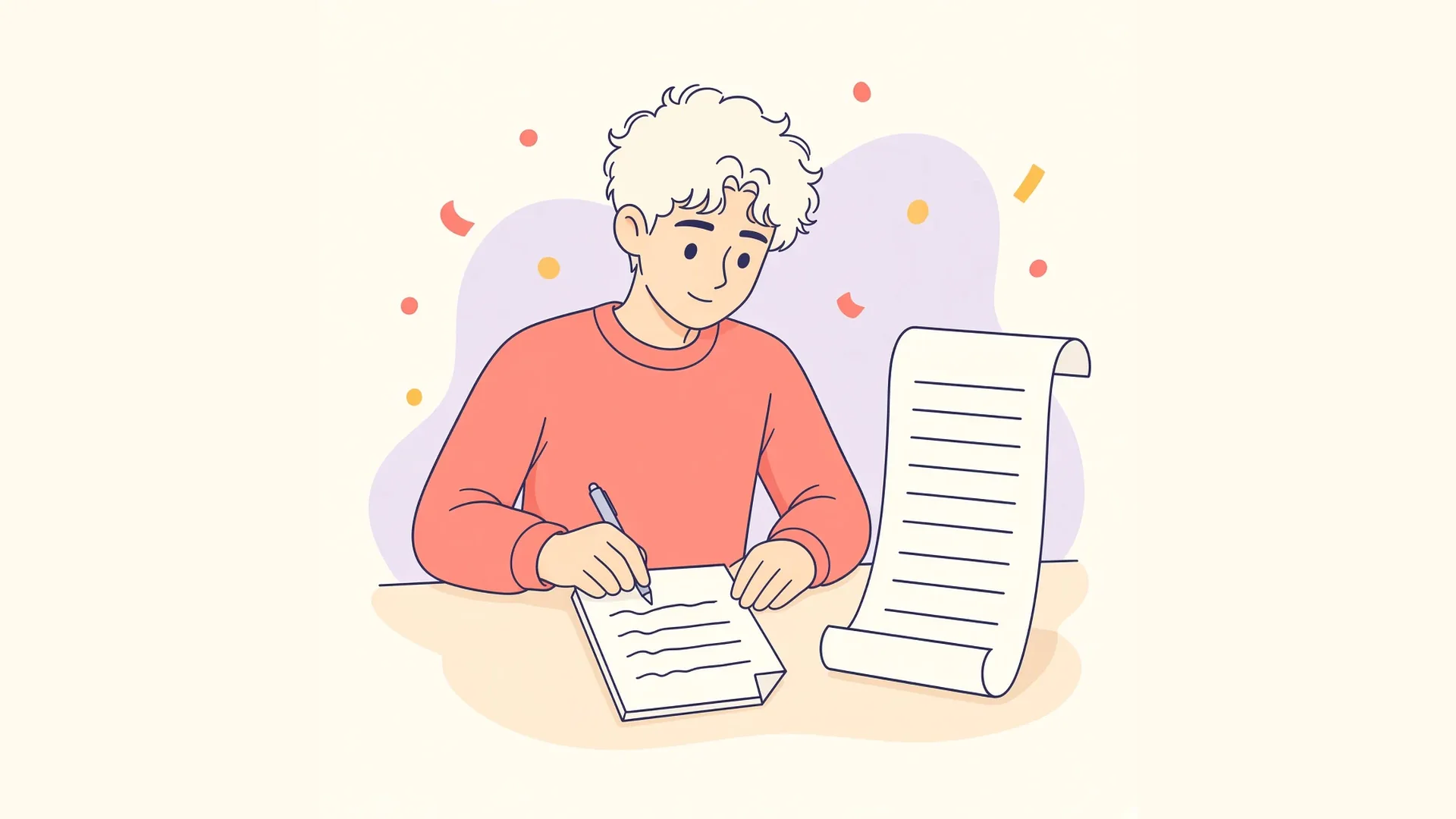 A person in a coral sweater points at a short target card while a long scroll of text sits beside the desk.