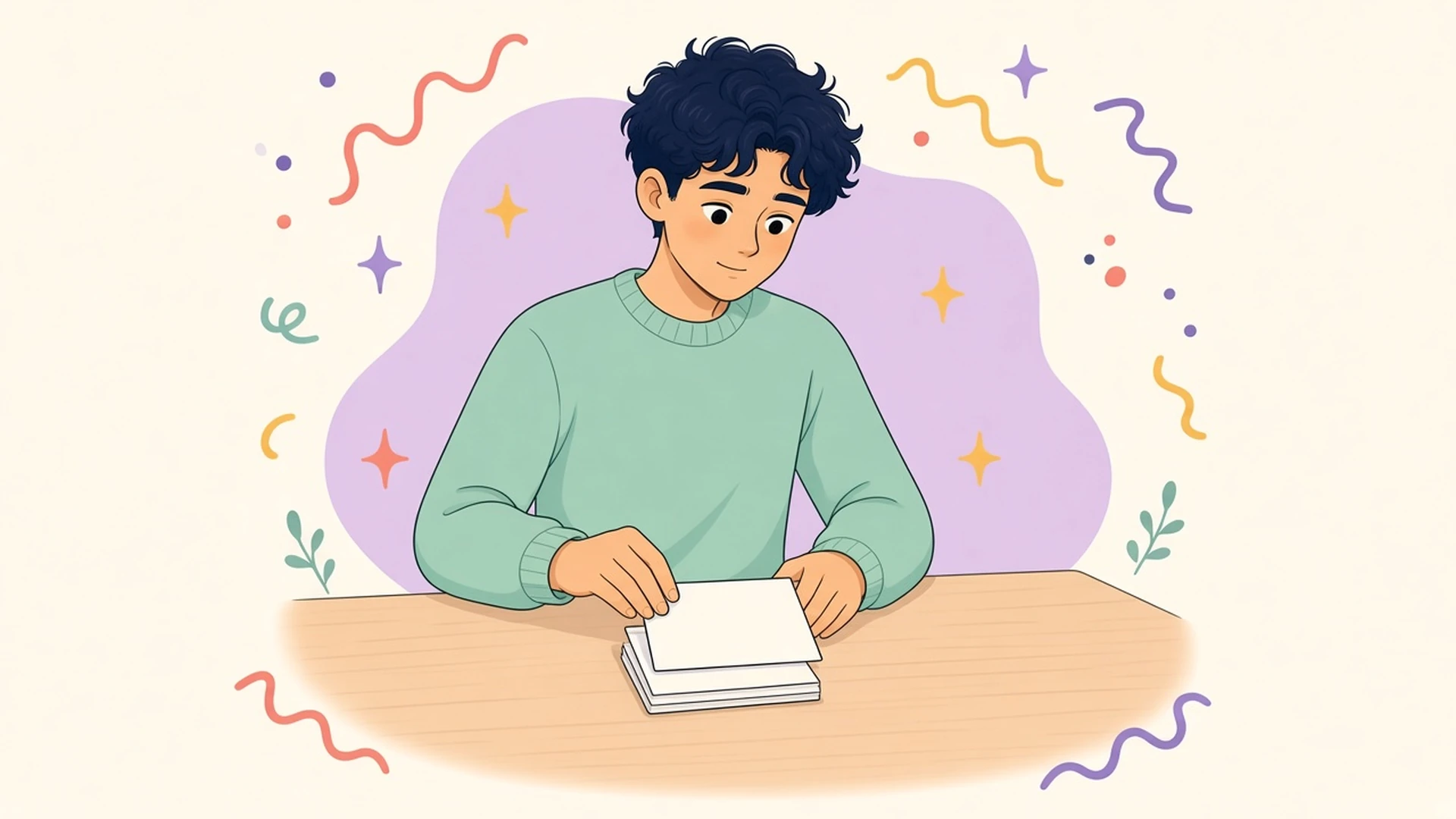 Line drawing of a person at a desk lifting one large card away from a neat stack of small cards, in soft lavender and mint.