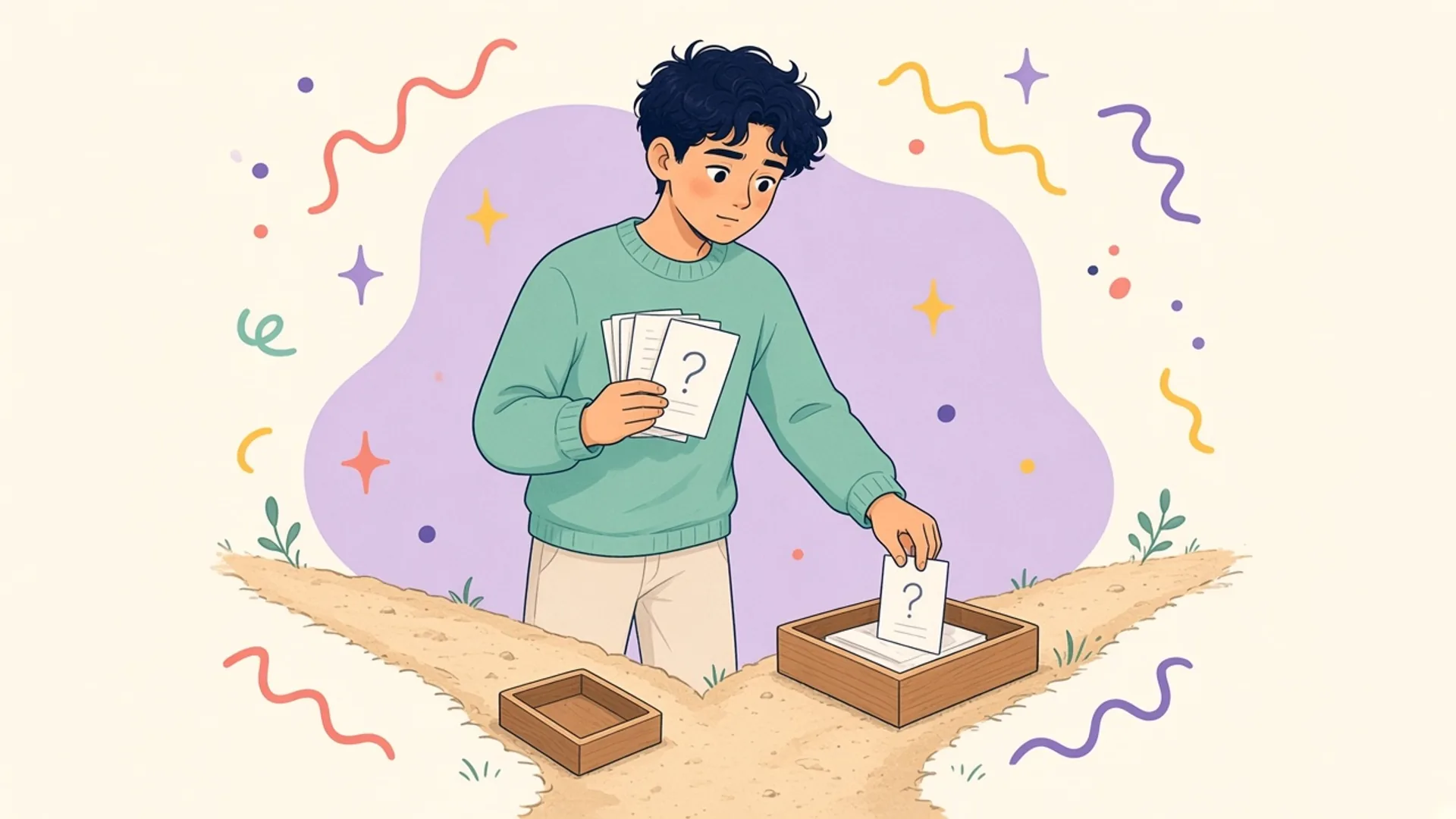 A person stands where a path splits, dropping a question-marked card into the larger of two trays.