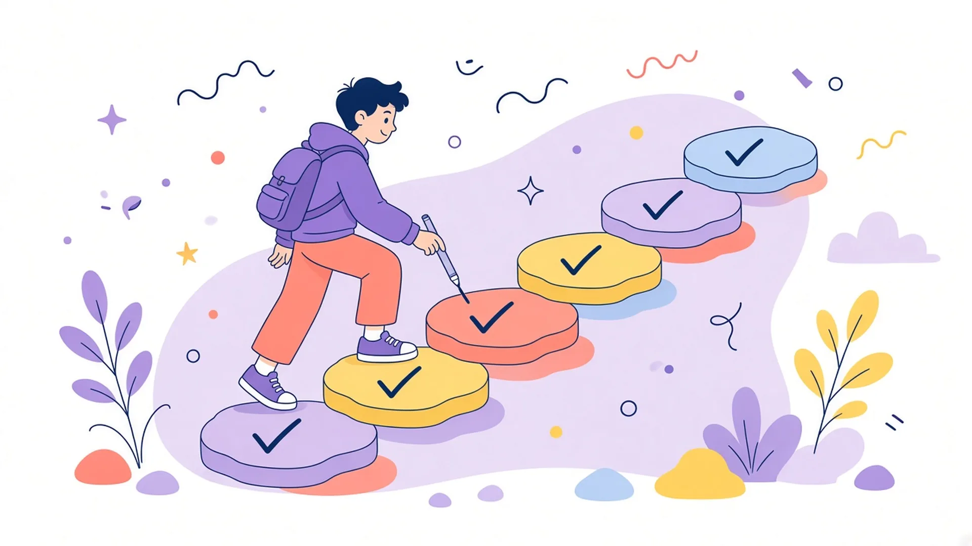 A hiker climbs a row of stepping stones, each with a check mark on it.