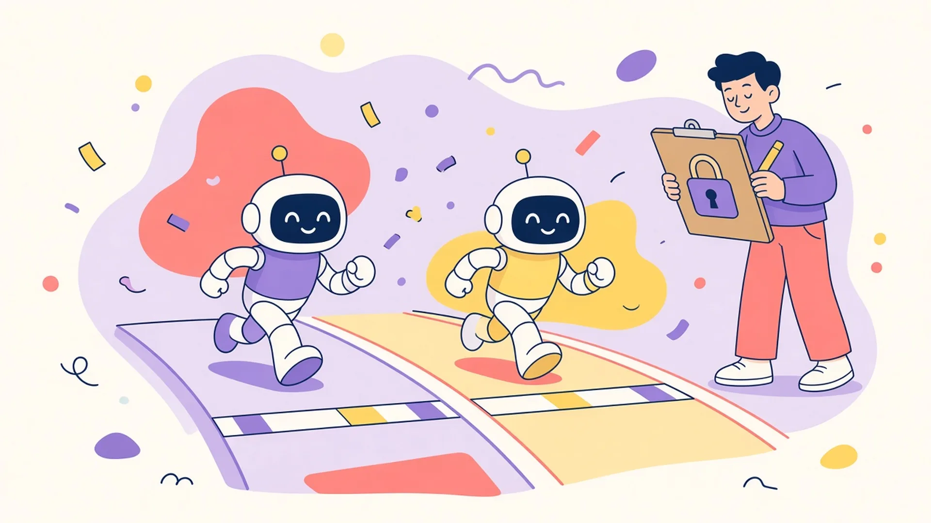 Two robots race side by side on matching lanes while a person with a padlocked clipboard watches.