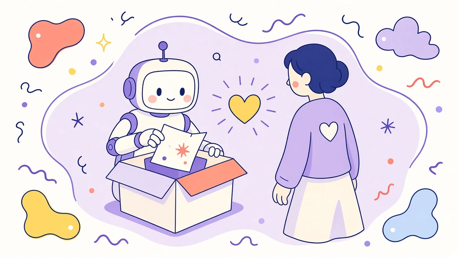 A robot lifts a paper note out of an open box while a calm person stands facing it, with a yellow heart between them.