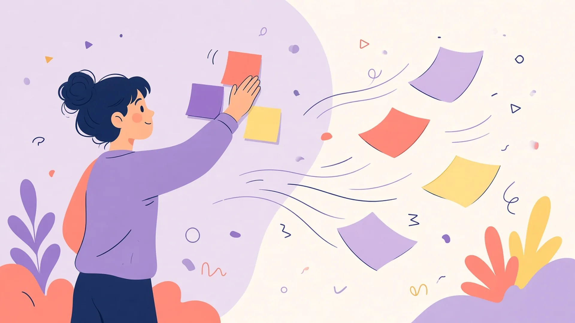 A person presses sticky notes firmly onto a wall while other loose notes blow away in the wind.