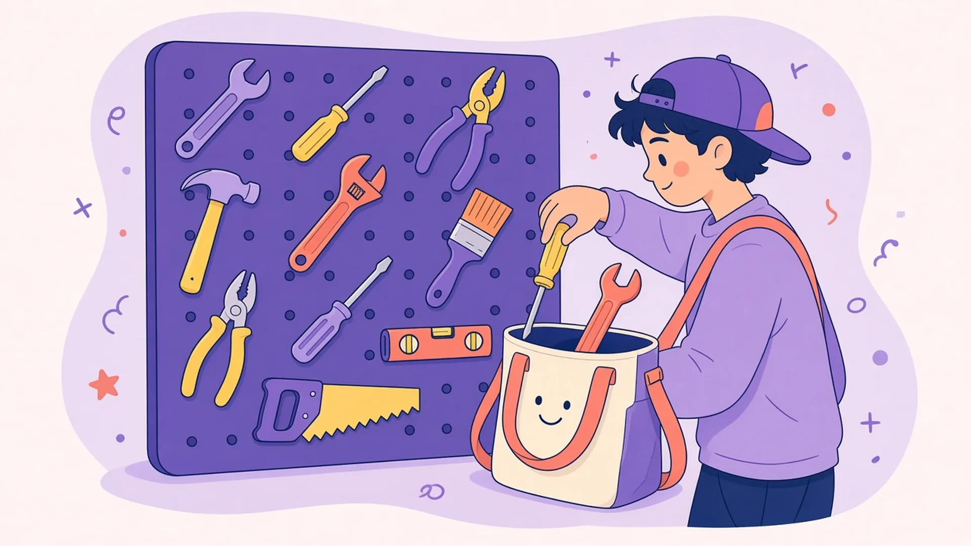 A person picks one wrench from a pegboard full of tools and puts it in a tote bag.