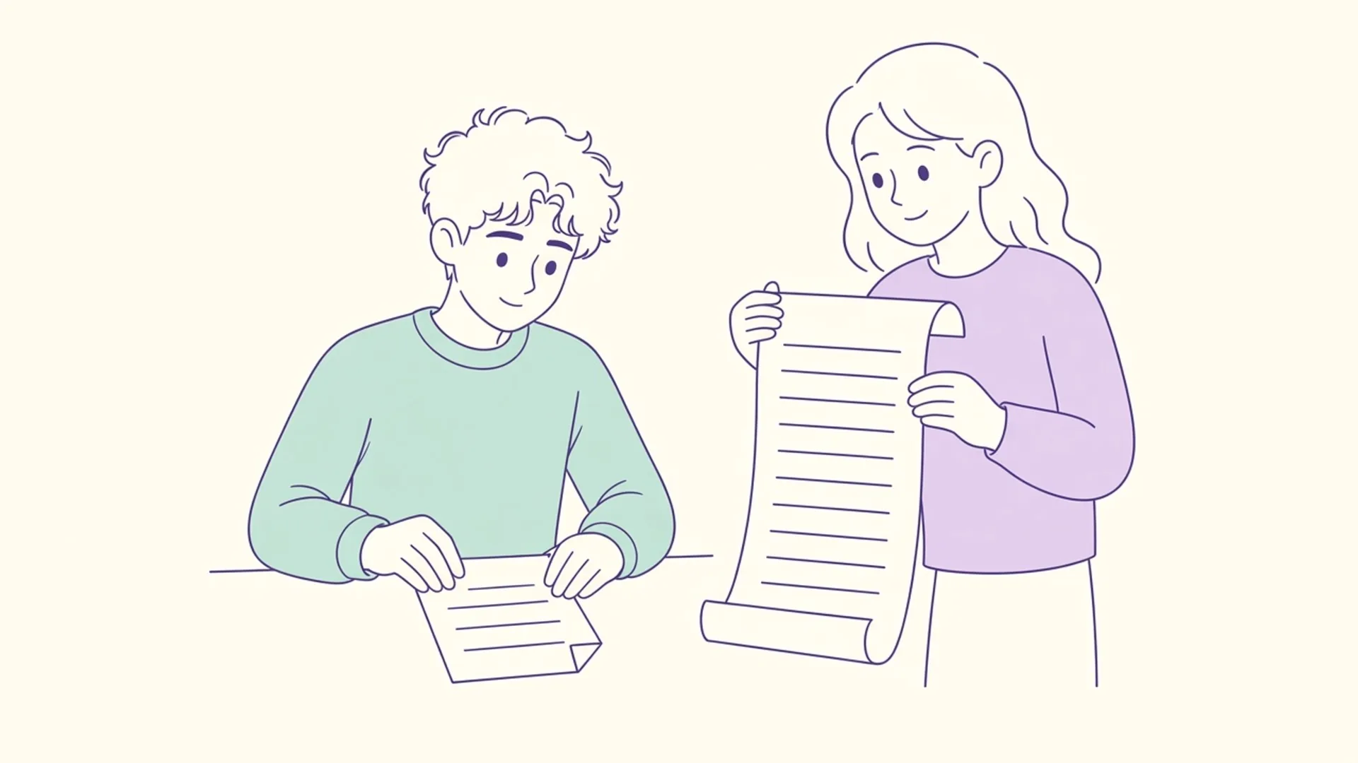 Line drawing of a person reading a short printout while a second figure holds up a longer list, in soft lavender and mint.