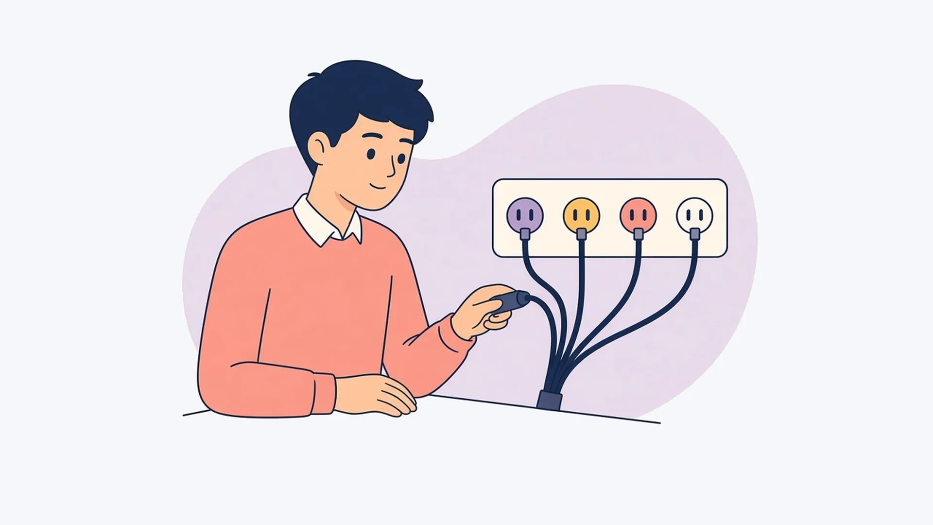 A person in a coral sweater sits at a desk where one cable splits into several sockets.