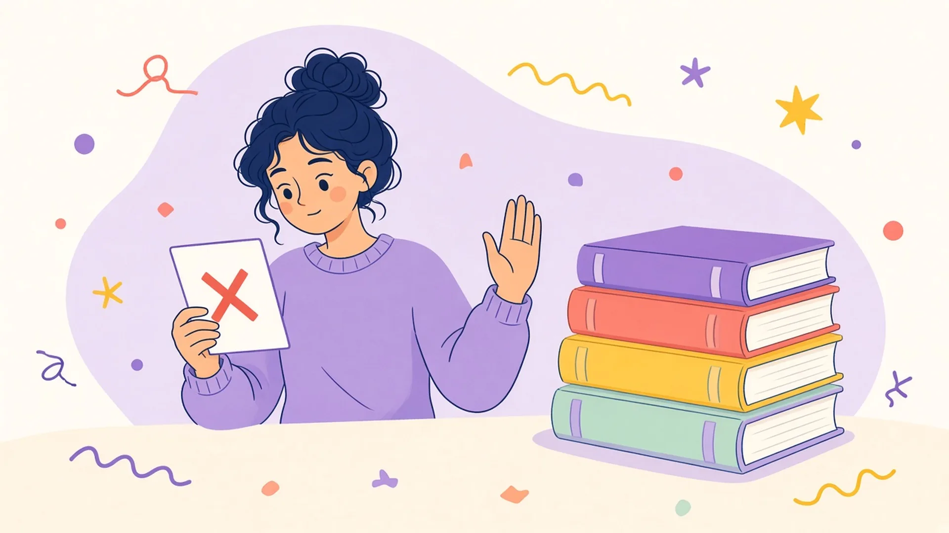 A person holds up a card with a red cross and raises a hand to stop, next to a stack of books.