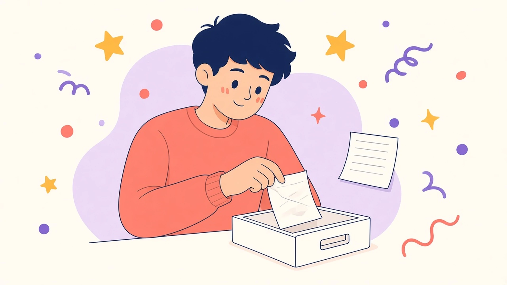 A person in a coral sweater retiring an old sticky note into a discard tray while a fresh note stays nearby, navy outlines, filled navy hair.