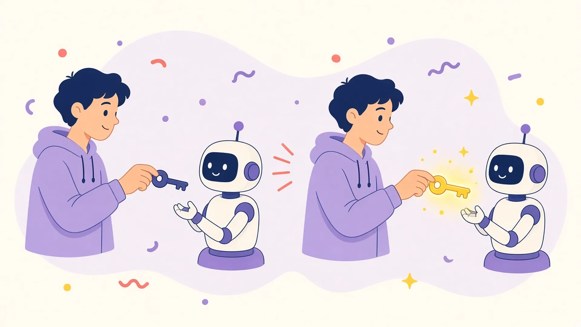A person hands a robot the same key twice, and the second time it glows.