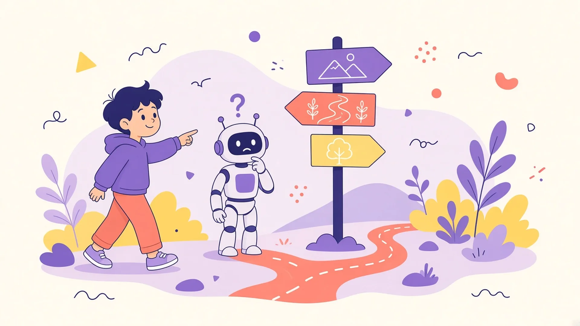 A person points a puzzled robot toward a signpost with three arrows.