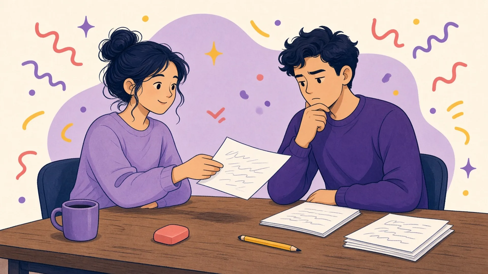 Two people sit at one desk; one hands a paper to the other, whose own answer sheet sits overlooked beside them.
