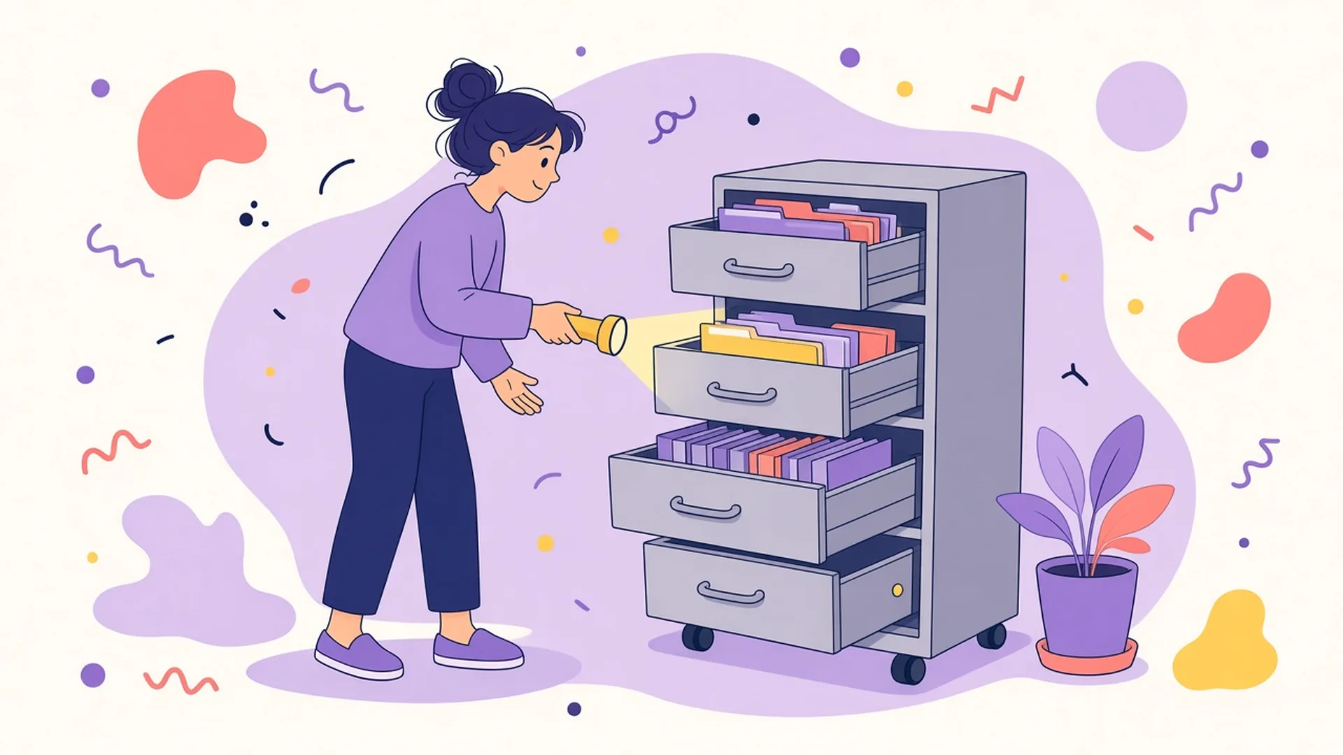A person shines a flashlight into an open filing cabinet drawer full of folders.