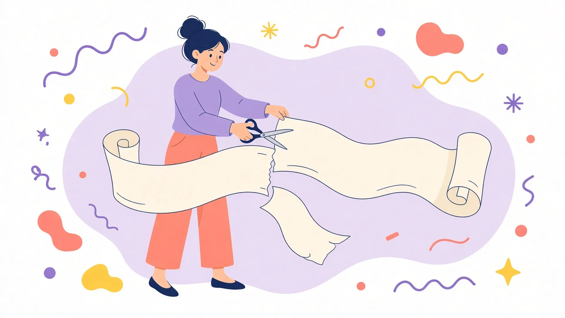 A person cuts the middle out of a long paper scroll with scissors, keeping both ends.