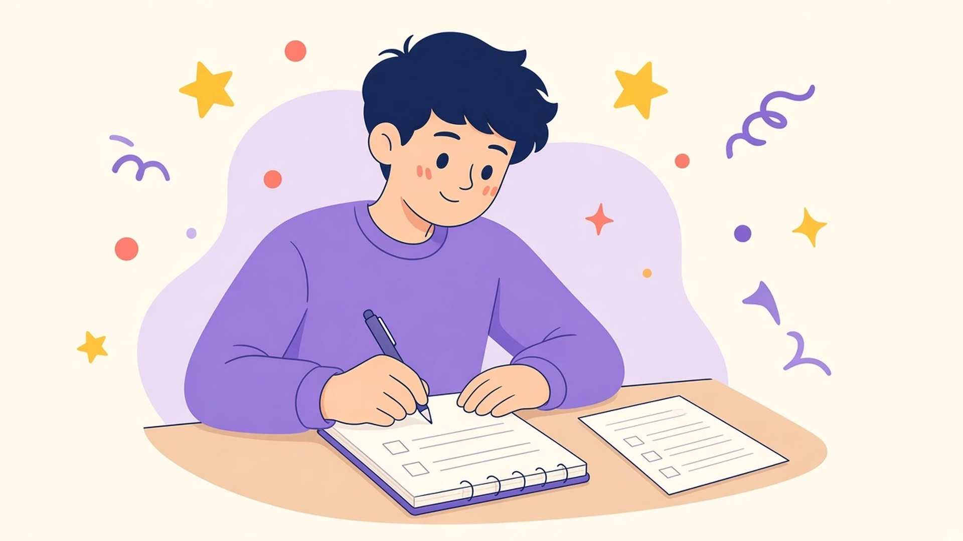 A person in a purple sweater writing a checklist on a notepad at a desk before reading a complaint slip, navy outlines.