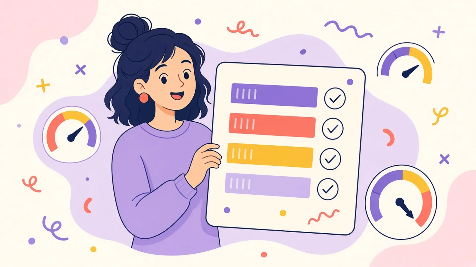 A cheerful person holds up a scorecard of checked bars surrounded by gauges.