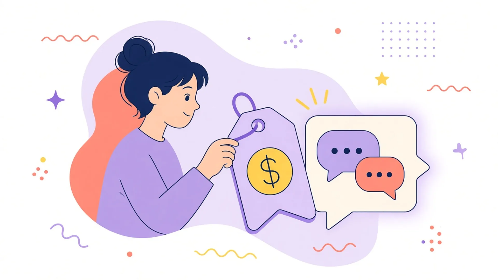 A person studies a price tag with a dollar sign next to chat bubbles.